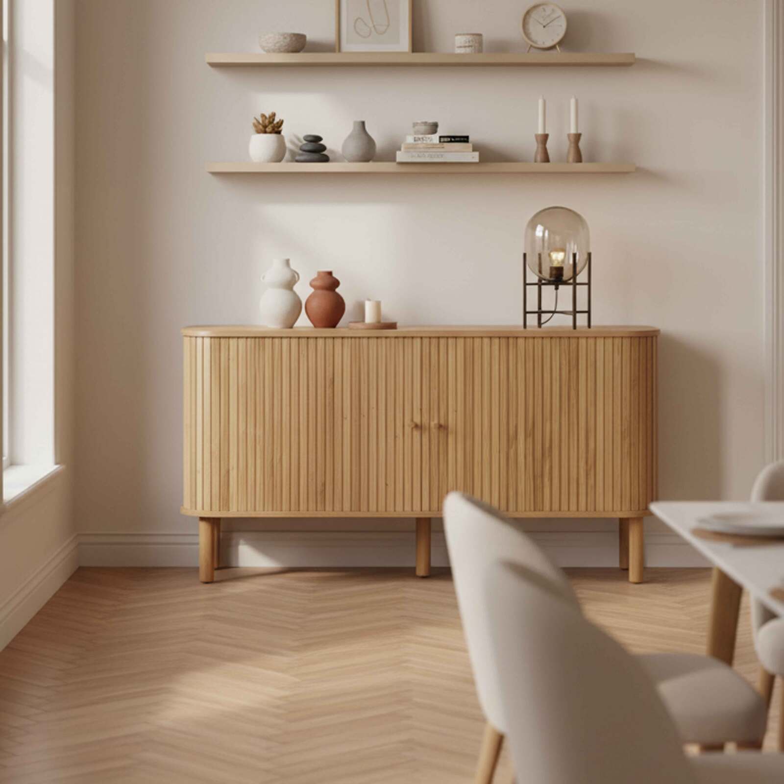 Sideboard in Holzoptik, 2 Türen, 140 cm, Boho-Stil