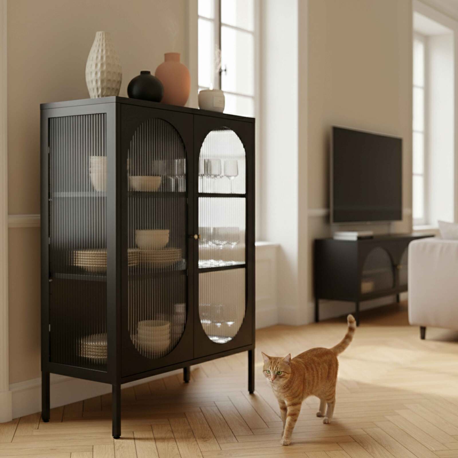 Sideboard aus Metall und Glas, 2 Türen, 80 cm