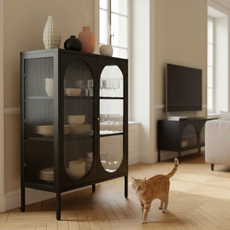 Sideboard aus Metall und Glas, 2 Türen, 80 cm