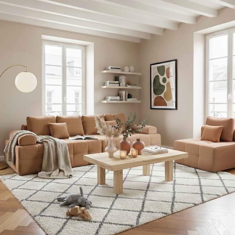 Modulares Sofa 5-Sitzer aus Stoff mit Kissen