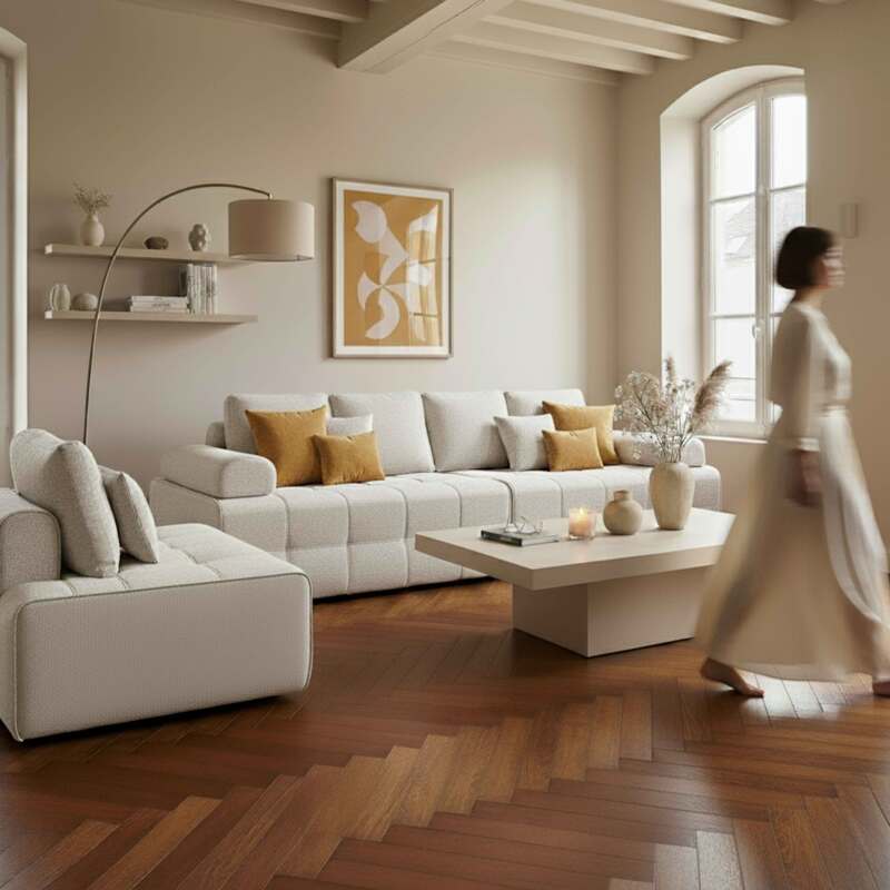 Modulares Sofa 5-Sitzer aus Stoff mit Kissen