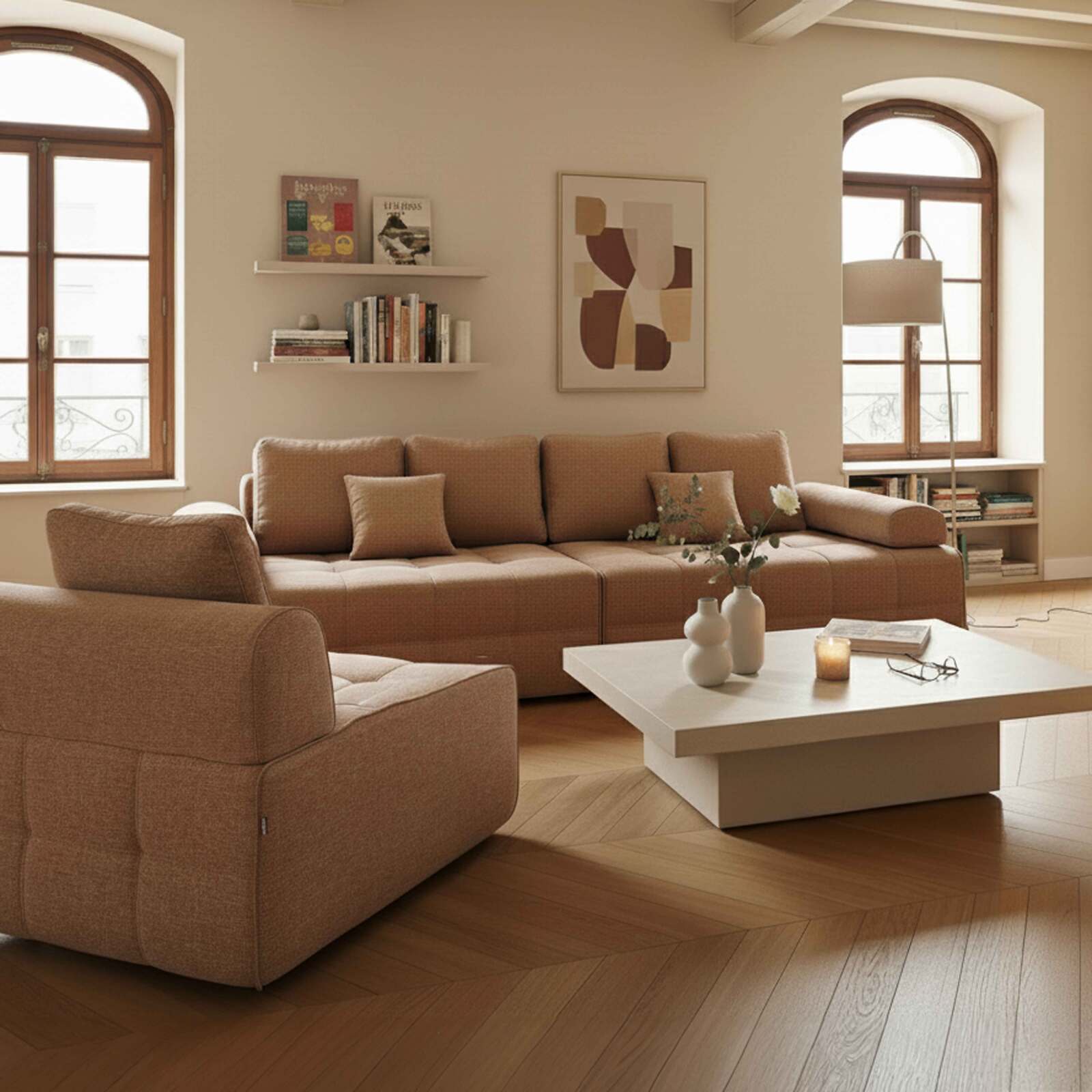 Modulares Sofa 5-Sitzer aus Stoff mit Kissen