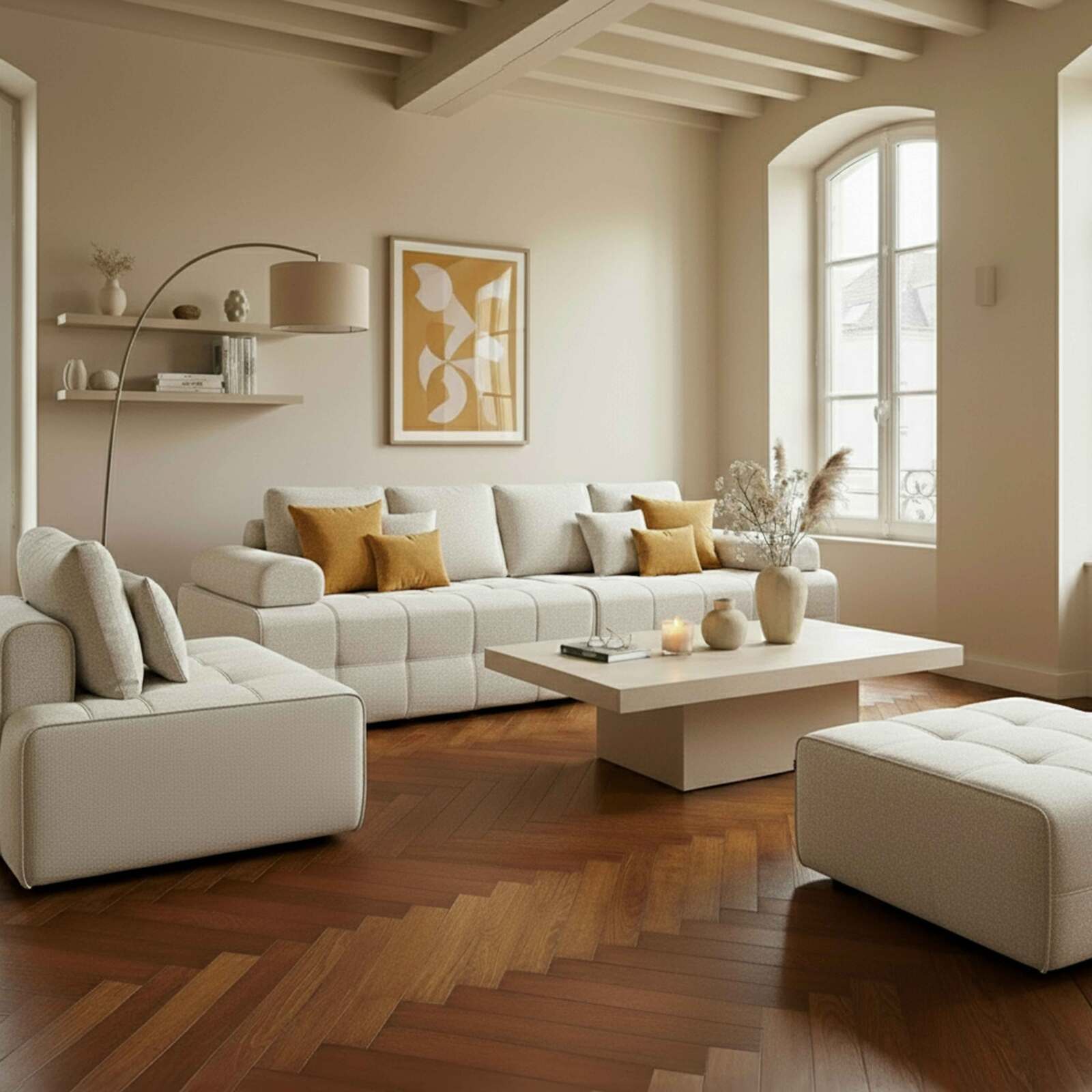 Modulares Sofa 5-Sitzer aus Stoff mit Hocker und Kissen