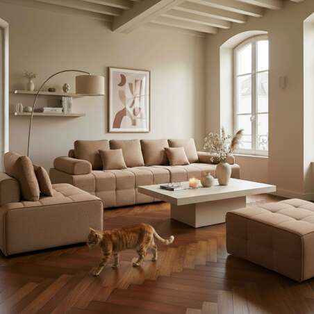 Modulares Sofa 5-Sitzer aus Stoff mit Hocker und Kissen