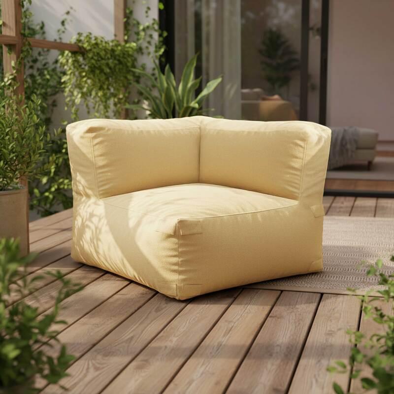 Modulare Gartenmöbel für 5 Personen bestehend aus 2 Kaminstühlen, 1 Ecksessel, 1 Chaiselongue und 1 Hocker im gestreiften Design (5/8)