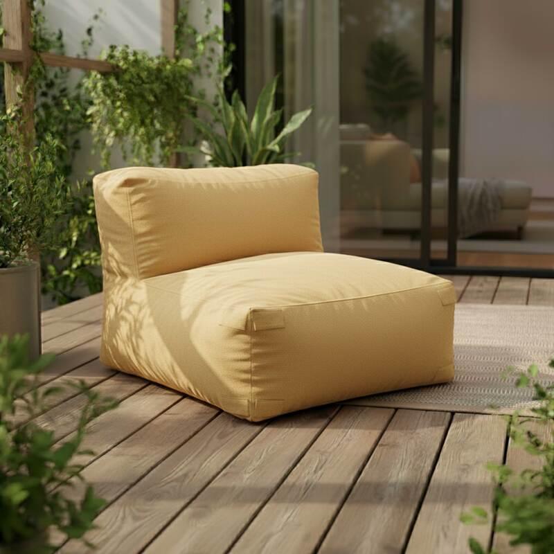 Modulare Gartenmöbel für 5 Personen bestehend aus 2 Kaminstühlen, 1 Ecksessel, 1 Chaiselongue und 1 Hocker im gestreiften Design (3/8)