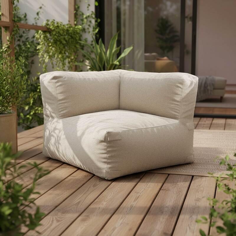 Modulare Gartenmöbel für 5 Personen bestehend aus 2 Kaminstühlen, 1 Ecksessel, 1 Chaiselongue und 1 Hocker im gestreiften Design (5/8)
