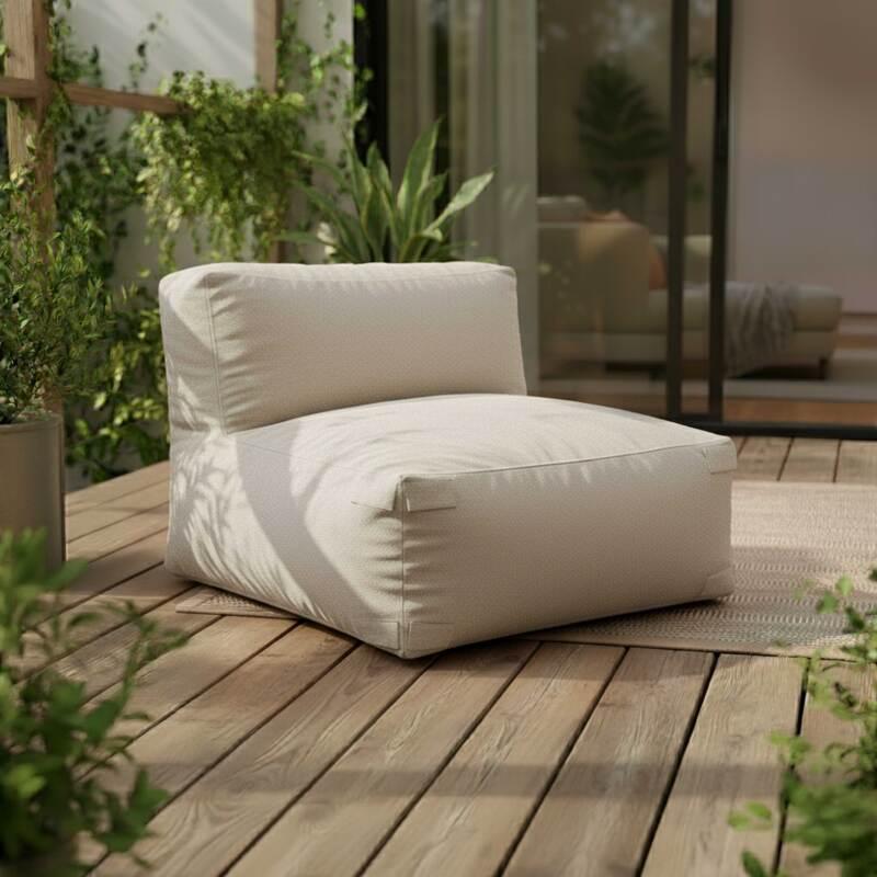 Modulare Gartenmöbel für 5 Personen bestehend aus 2 Kaminstühlen, 1 Ecksessel, 1 Chaiselongue und 1 Hocker im gestreiften Design (3/8)