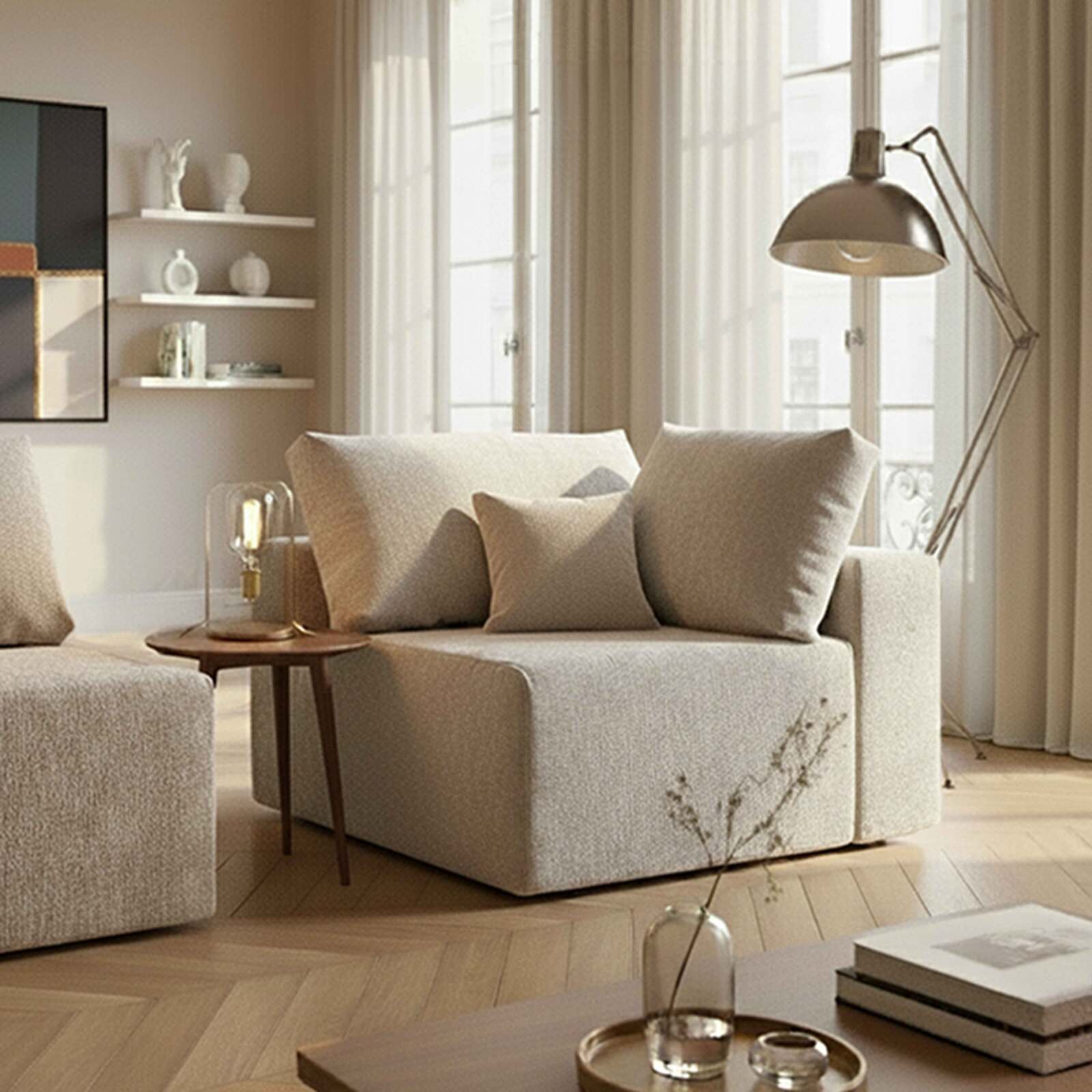 Eckensessel aus Stoff für modulares Sofa mit 2 Kissen der Datei