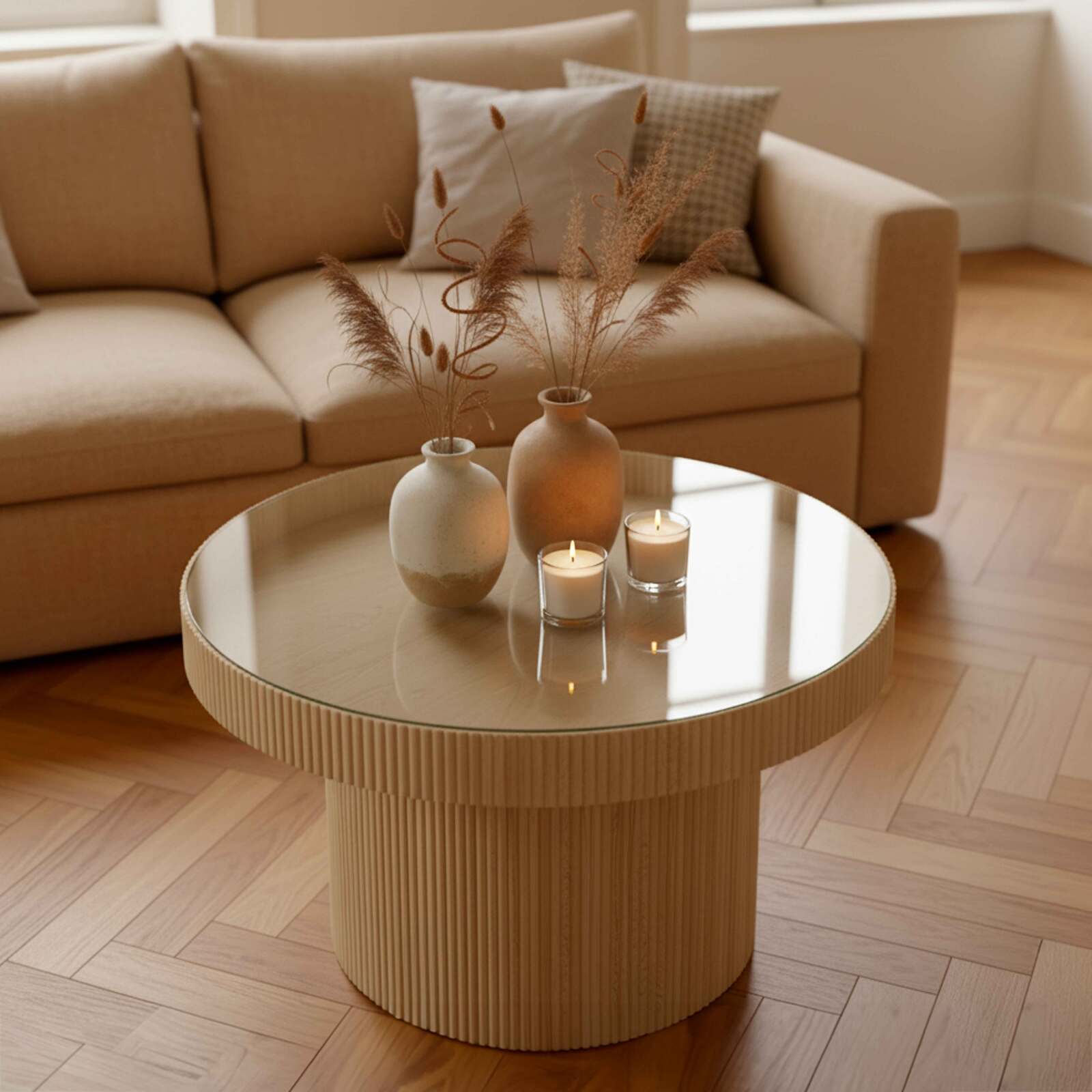 Couchtisch rund, aus Holz und gehärtetem Glas, Ø59 cm, skandinavischer Stil