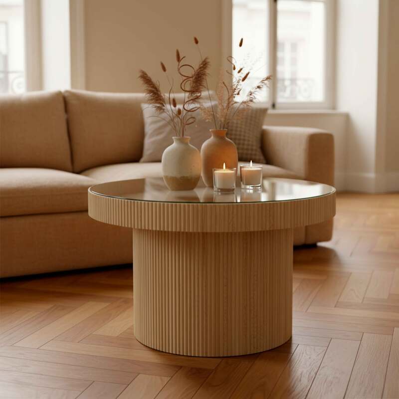 Couchtisch rund, aus Holz und gehärtetem Glas, Ø59 cm, skandinavischer Stil