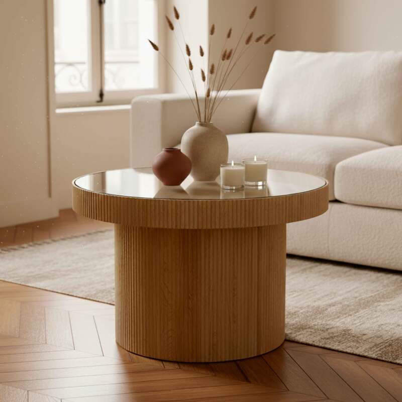 Couchtisch rund, aus Holz und gehärtetem Glas, Ø59 cm, skandinavischer Stil