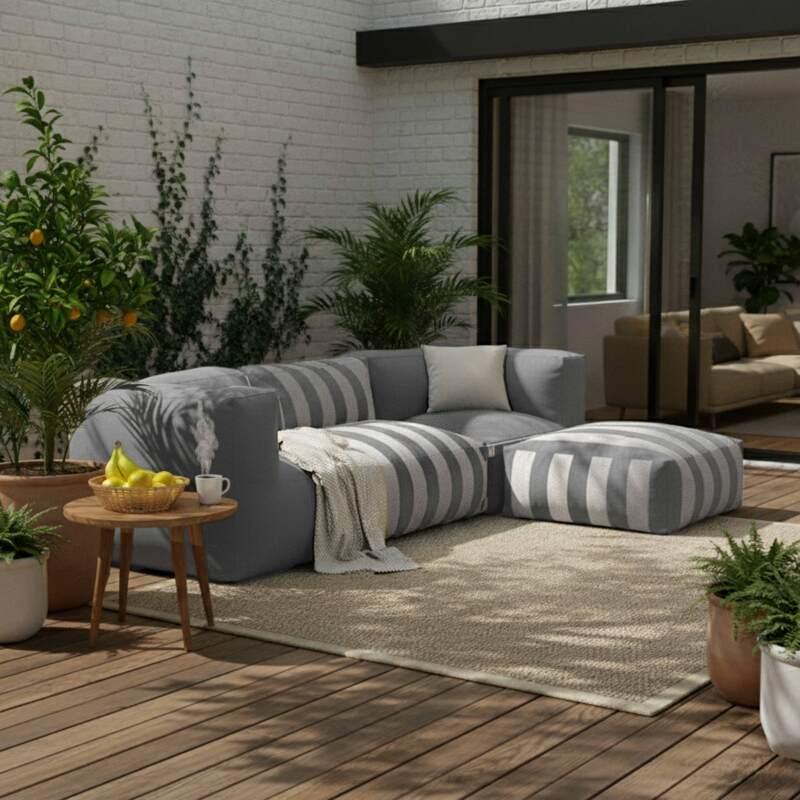 Modulare Gartenmöbel für 4 Personen bestehend aus1 Sessel, 2 Ecksesseln und 1 Ottomane im gestreiften Design