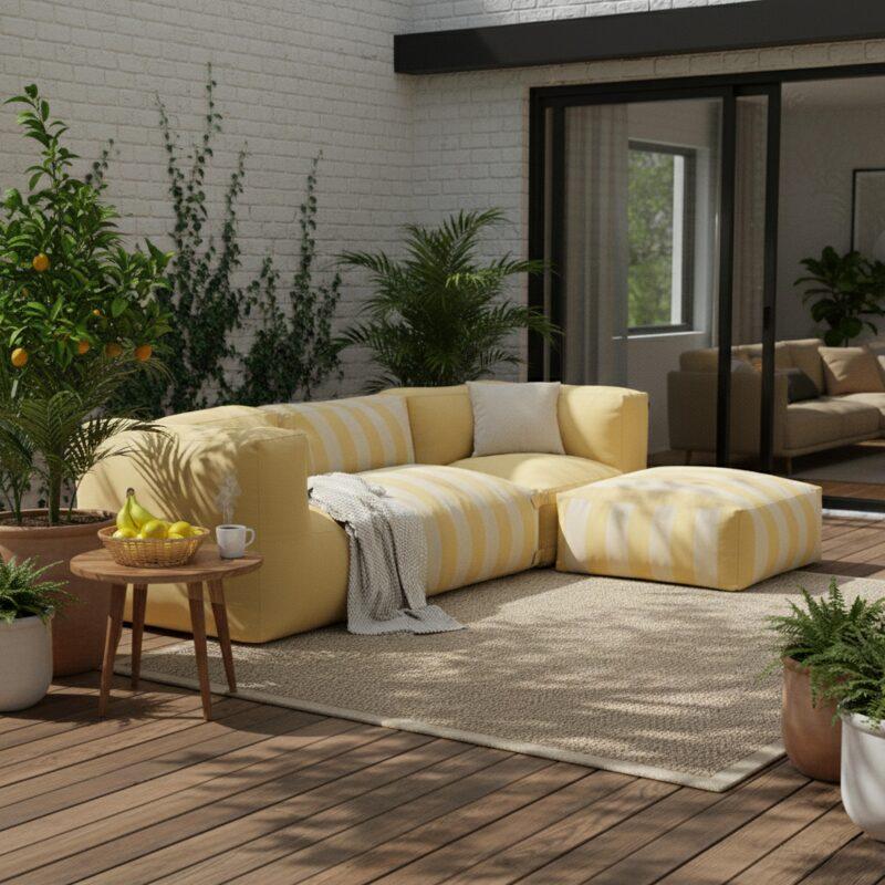 Modulare Gartenmöbel für 4 Personen bestehend aus1 Sessel, 2 Ecksesseln und 1 Ottomane im gestreiften Design