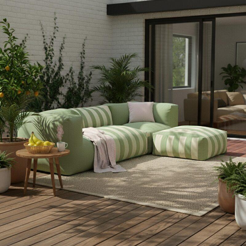 Modulare Gartenmöbel für 4 Personen bestehend aus1 Sessel, 2 Ecksesseln und 1 Ottomane im gestreiften Design