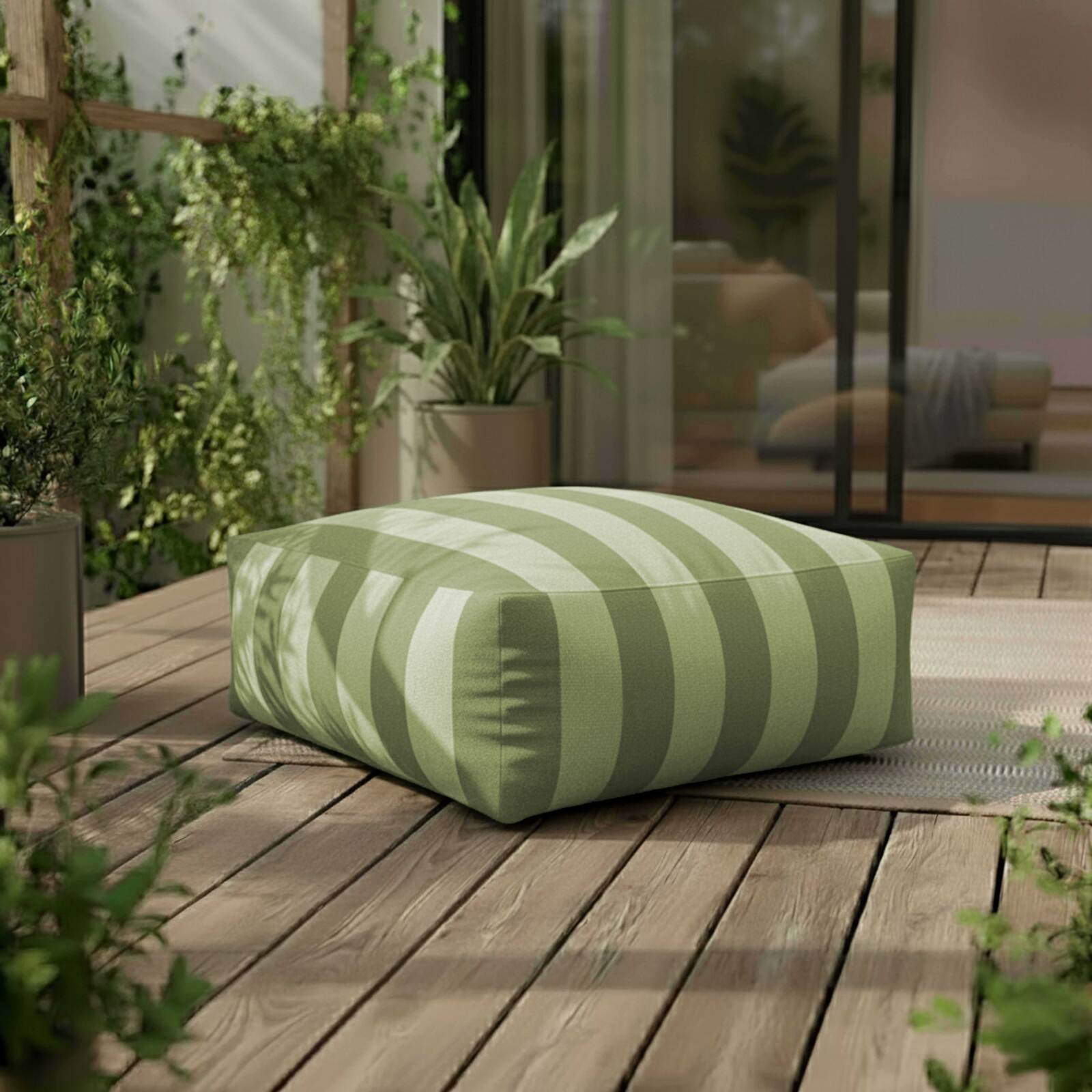 Modulare Gartenmöbel für 4 Personen bestehend aus1 Sessel, 2 Ecksesseln und 1 Ottomane im gestreiften Design Modulare Gartenmöbel für 4 Personen bestehend aus1 Sessel, 2 Ecksesseln und 1 Ottomane im gestreiften Design