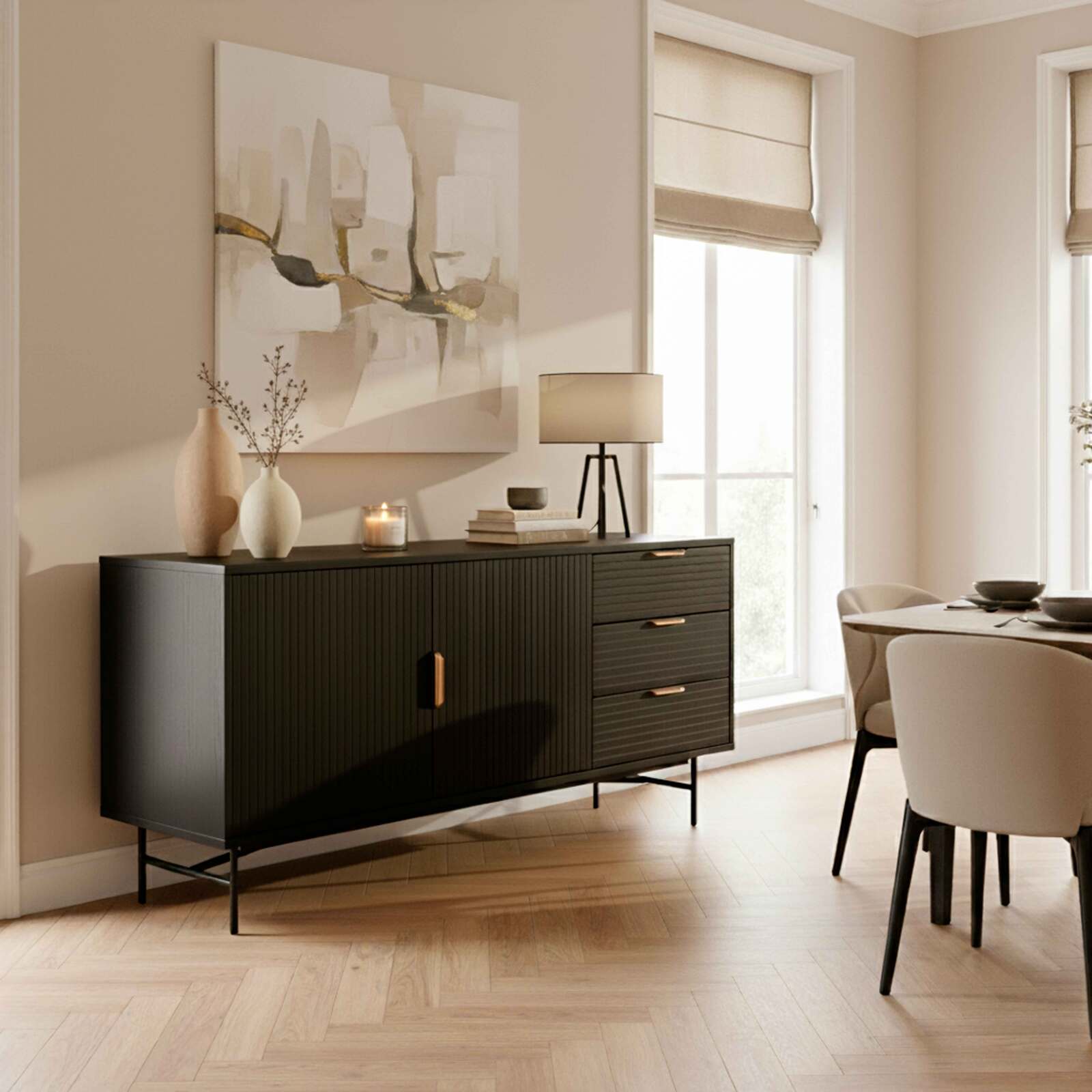 Sideboard in Holzoptik, 2 Türen, 3 Schubladen, 160 cm, Boho-Stil