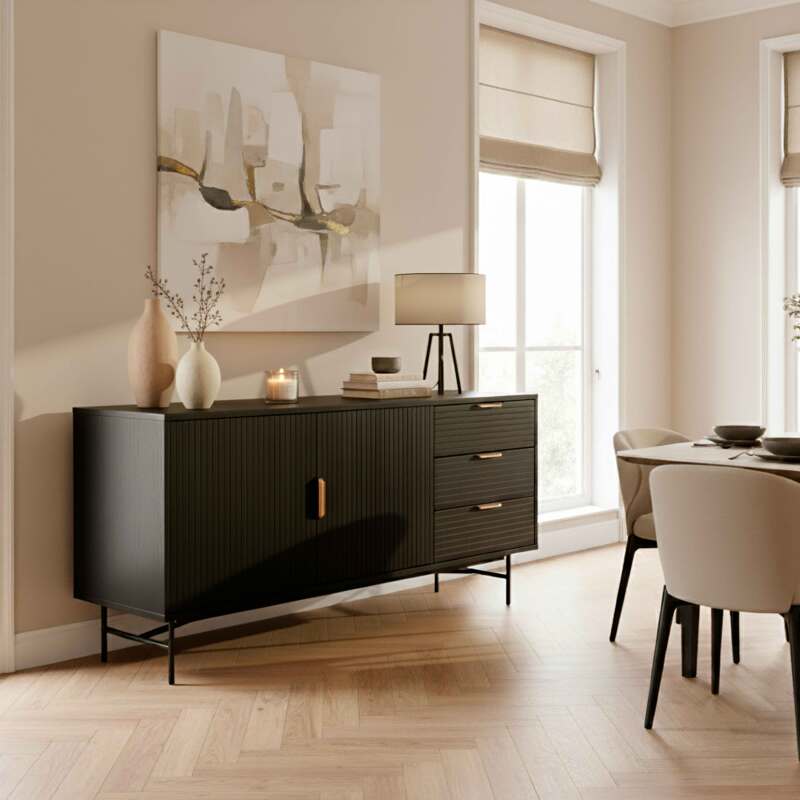 Sideboard in Holzoptik, 2 Türen, 3 Schubladen, 160 cm, Boho-Stil