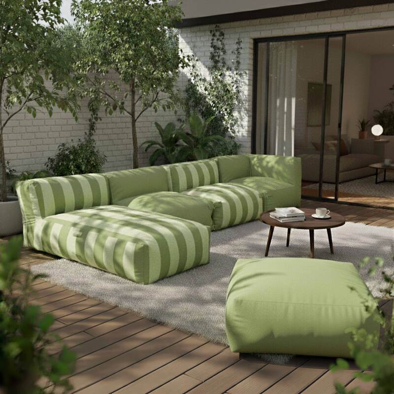 Modulare Gartenmöbel für 5 Personen bestehend aus 2 Kaminstühlen, 1 Ecksessel, 1 Chaiselongue und 1 Hocker im gestreiften Design