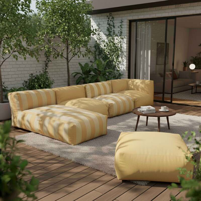 Modulare Gartenmöbel für 5 Personen bestehend aus 2 Kaminstühlen, 1 Ecksessel, 1 Chaiselongue und 1 Hocker im gestreiften Design