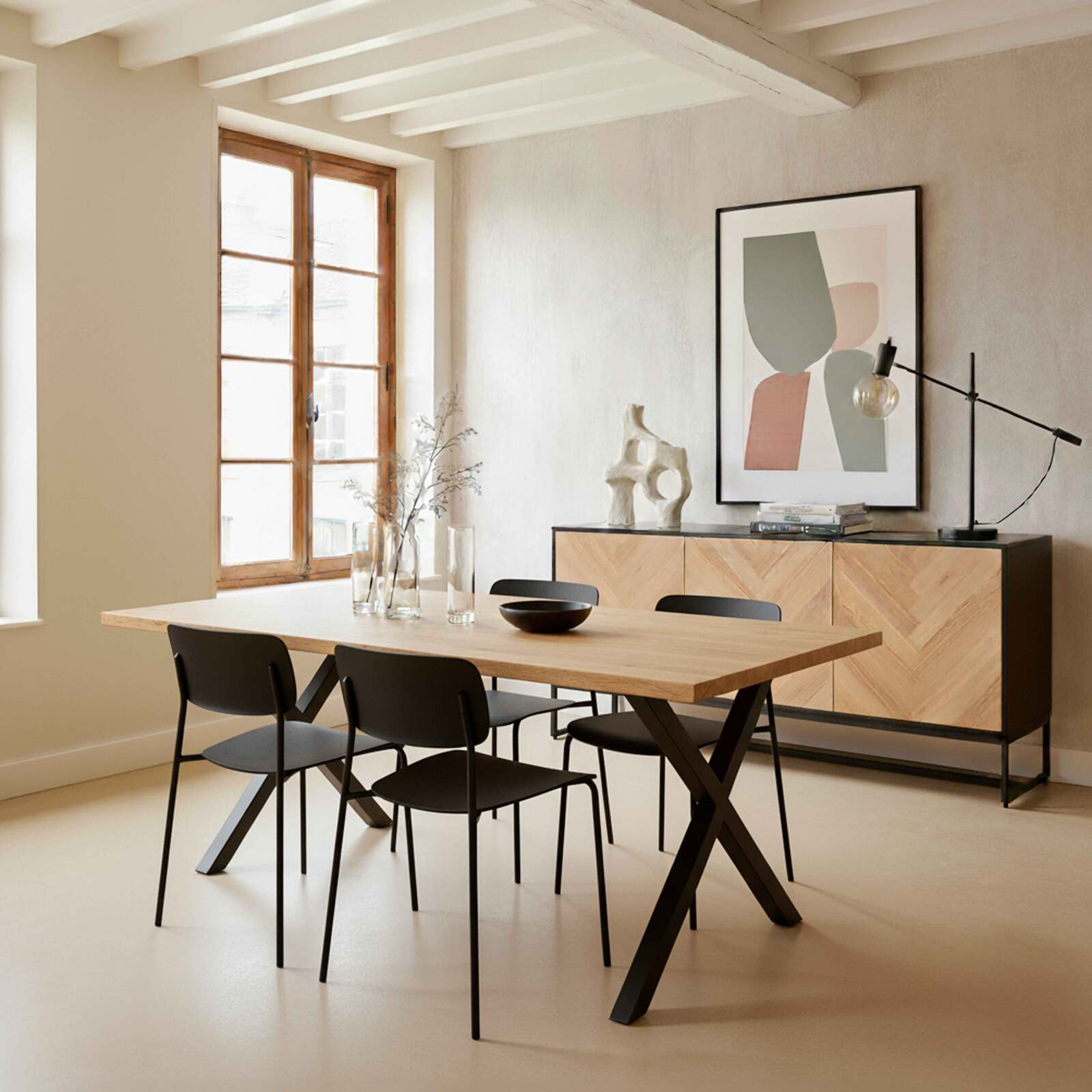 Sideboard schwarz aus Eichenfurnier FSC®, 3 Türen, 160 cm, Boho-Stil