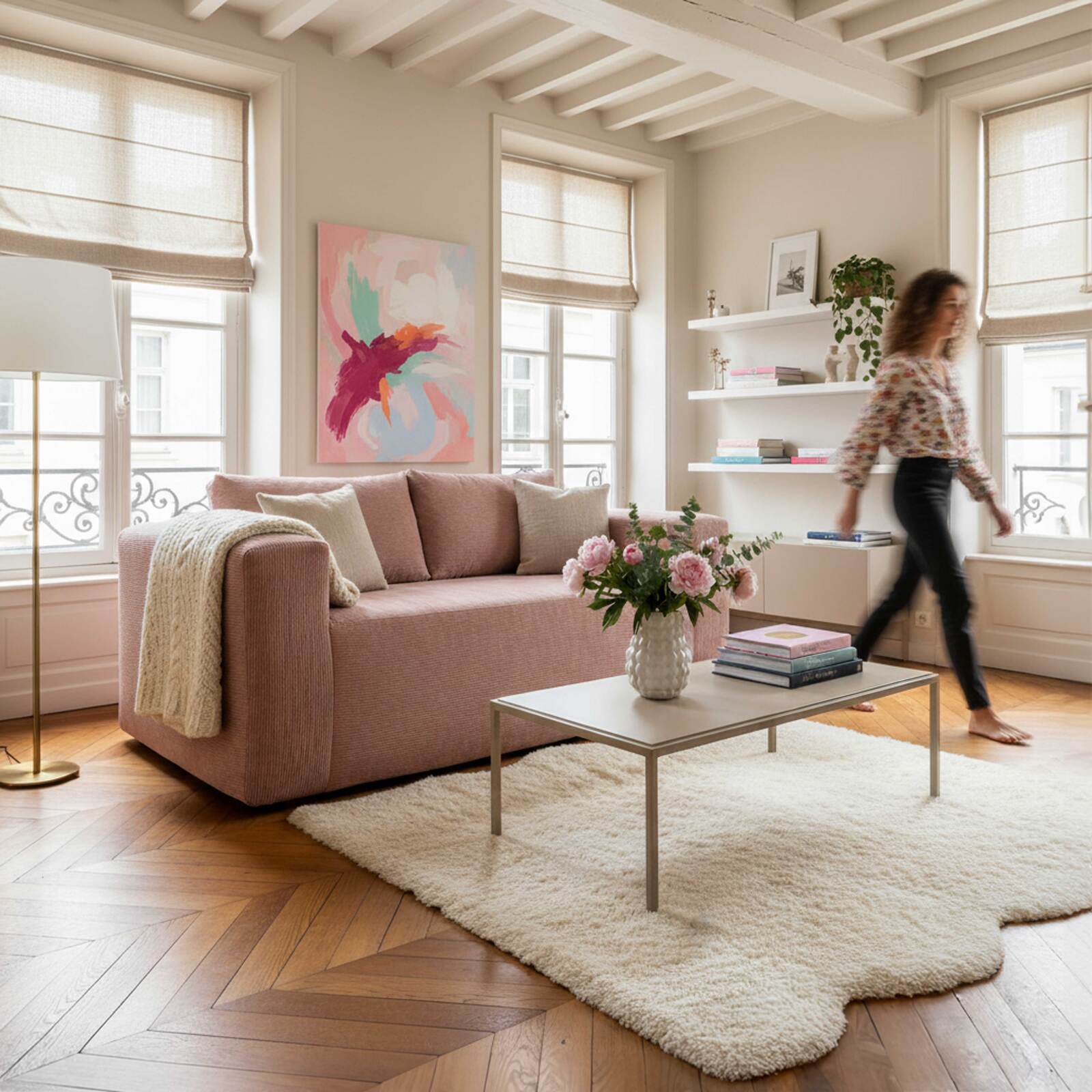 Sofa 2-Sitzer aus geripptem Stoff mit Kissen