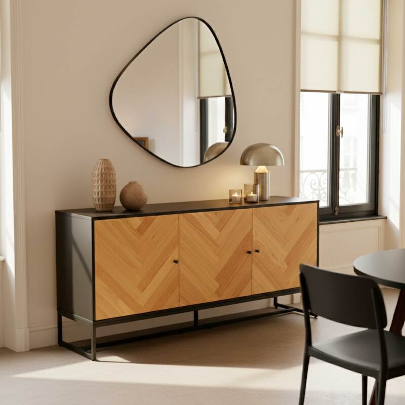 Sideboard schwarz aus Eichenfurnier FSC®, 3 Türen, 160 cm, Boho-Stil