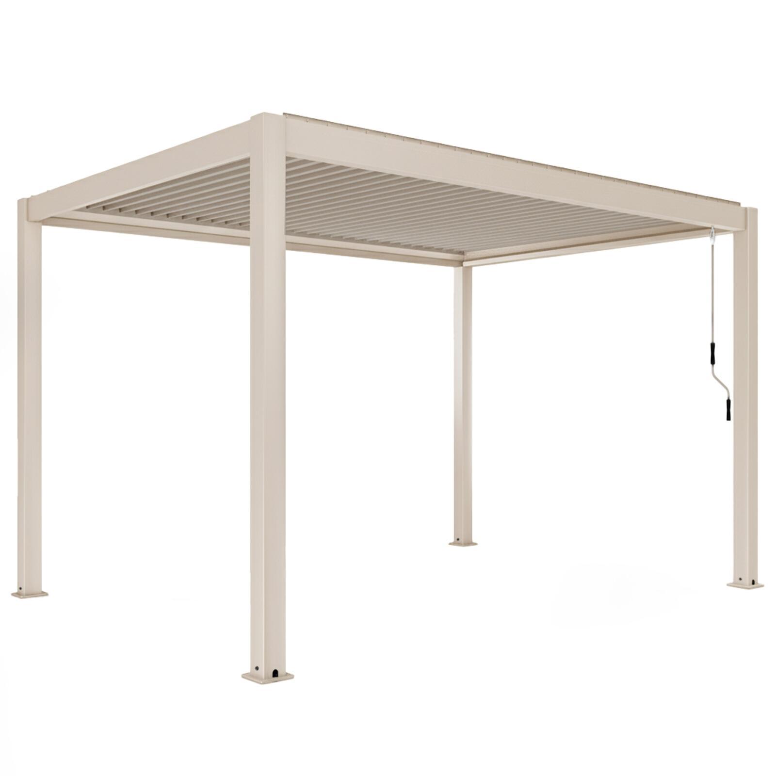 Motorisierte Freistehend Pergola 4x3 m aus Aluminium creme mit LED-Beleuchtung und mit Markise
