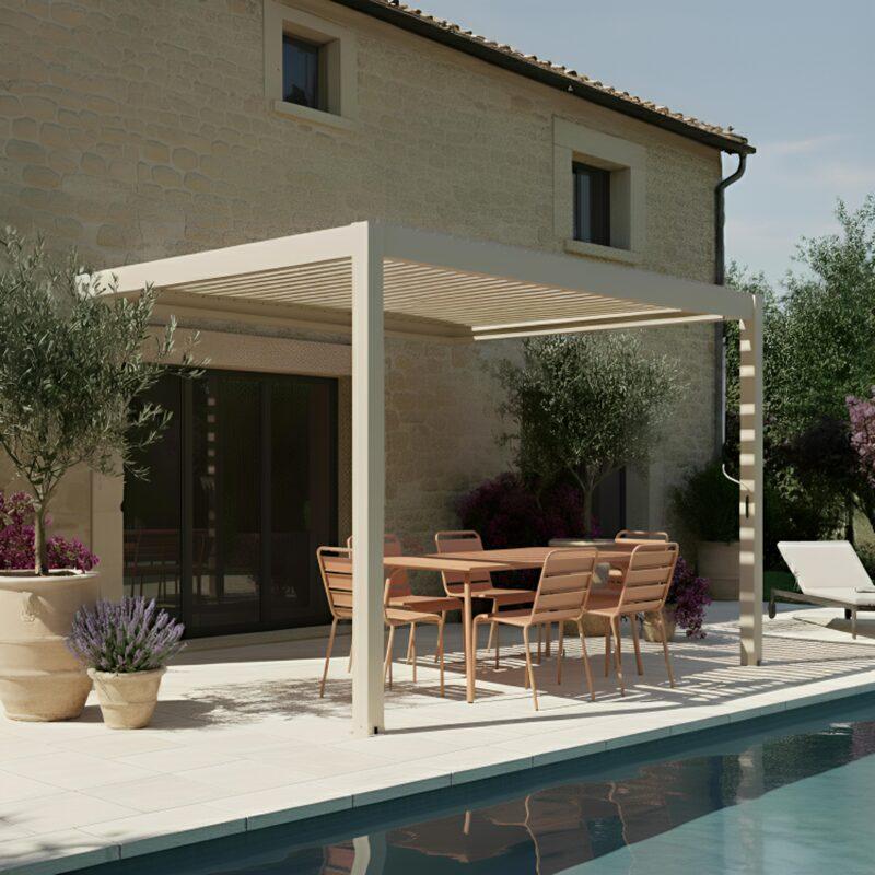 Manuell Wand-Pergola 4x3 m aus Aluminium creme (3/4)