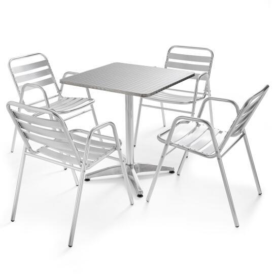 Quadratischer Bistrot-Gartentisch 70 x 70 cm und 4 Stühle mit Armlehnen aus Aluminium