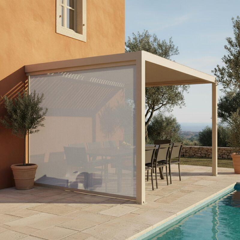 Manuell Wand-Pergola 4x3 m aus Aluminium creme mit Markise - Lifestyle