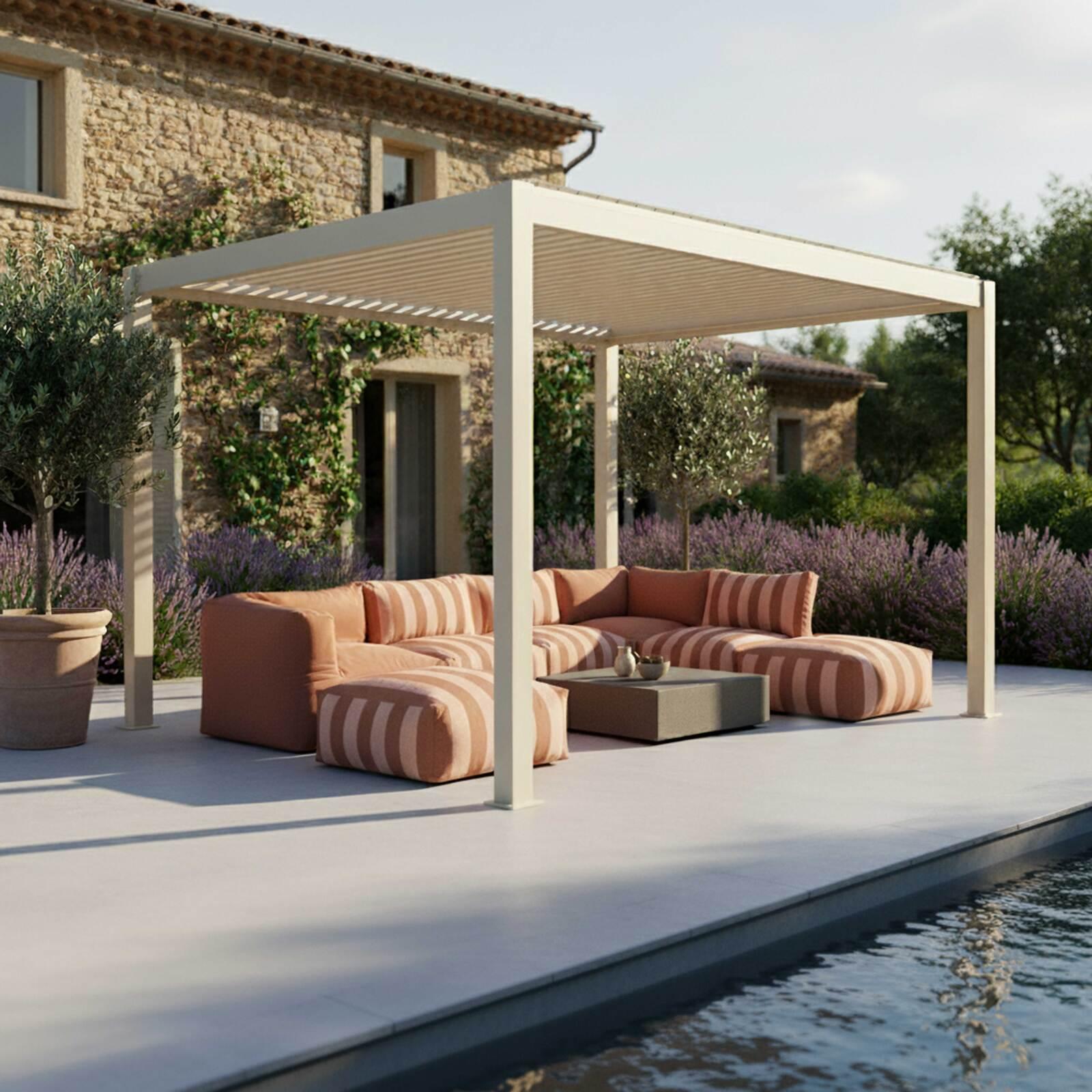 Motorisierte Freistehend Pergola 4x3 m aus Aluminium creme mit LED-Beleuchtung 