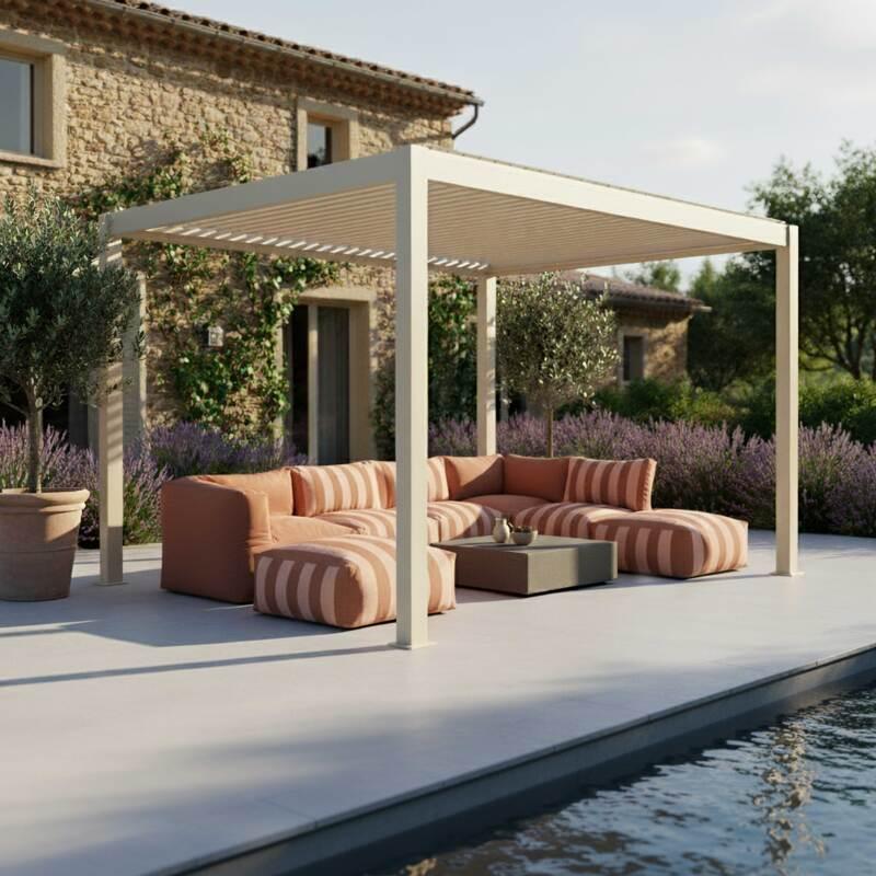 Motorisierte Freistehend Pergola 4x3 m aus Aluminium creme mit LED-Beleuchtung  (4/5)