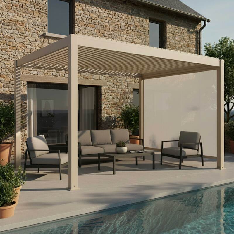 Motorisierte Freistehend Pergola 4x3 m aus Aluminium creme mit LED-Beleuchtung und mit Markise