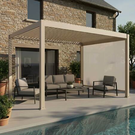 Motorisierte Freistehend Pergola 4x3 m aus Aluminium creme mit LED-Beleuchtung und mit Markise