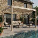 Motorisierte Freistehend Pergola 4x3 m aus Aluminium creme mit LED-Beleuchtung und mit Markise