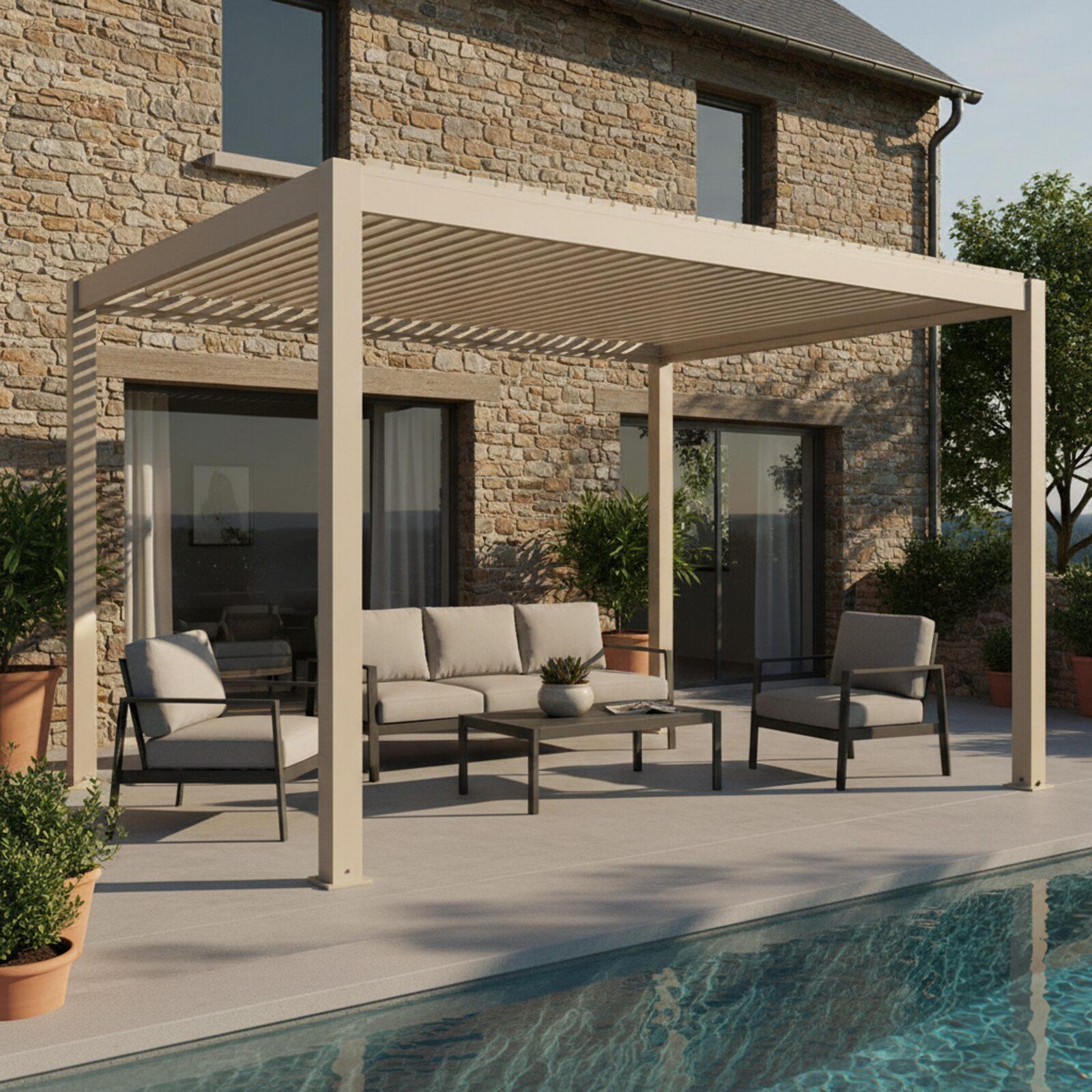 Motorisierte Freistehend Pergola 4x3 m aus Aluminium creme mit LED-Beleuchtung und mit Markise