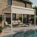 Motorisierte Freistehend Pergola 4x3 m aus Aluminium creme mit LED-Beleuchtung und mit Markise