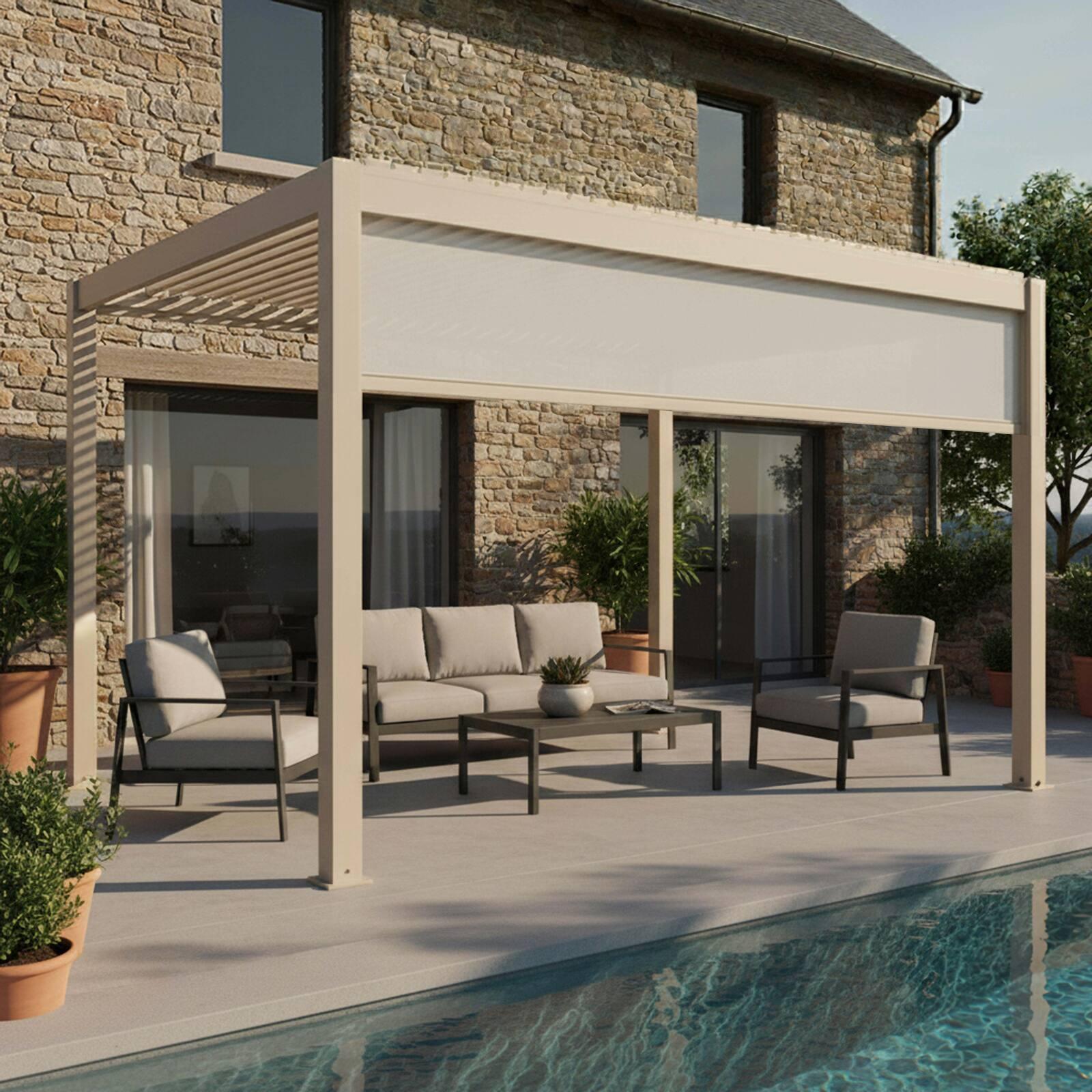 Motorisierte Freistehend Pergola 4x3 m aus Aluminium creme mit LED-Beleuchtung und mit Markise