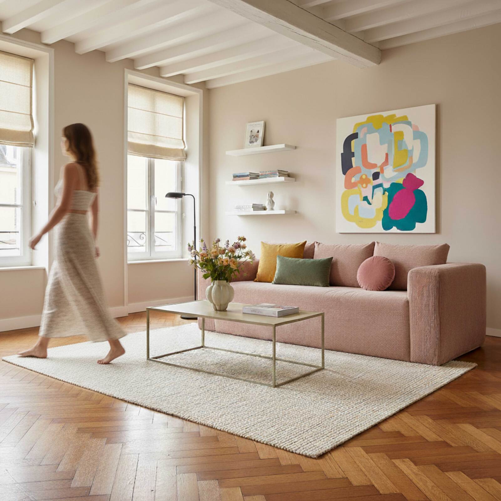 Sofa 3-Sitzer aus geripptem Stoff mit Kissen