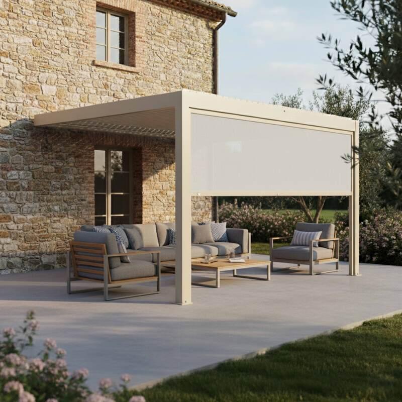 Motorisierte Wand-Pergola 4x3 m aus Aluminium creme mit LED-Beleuchtung mit Markise - Lifestyle (2/7)