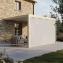 Motorisierte Wand-Pergola 4x3 m aus Aluminium creme mit LED-Beleuchtung mit Markise - Lifestyle