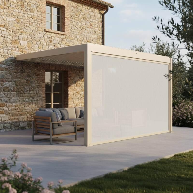 Motorisierte Wand-Pergola 4x3 m aus Aluminium creme mit LED-Beleuchtung mit Markise - Lifestyle