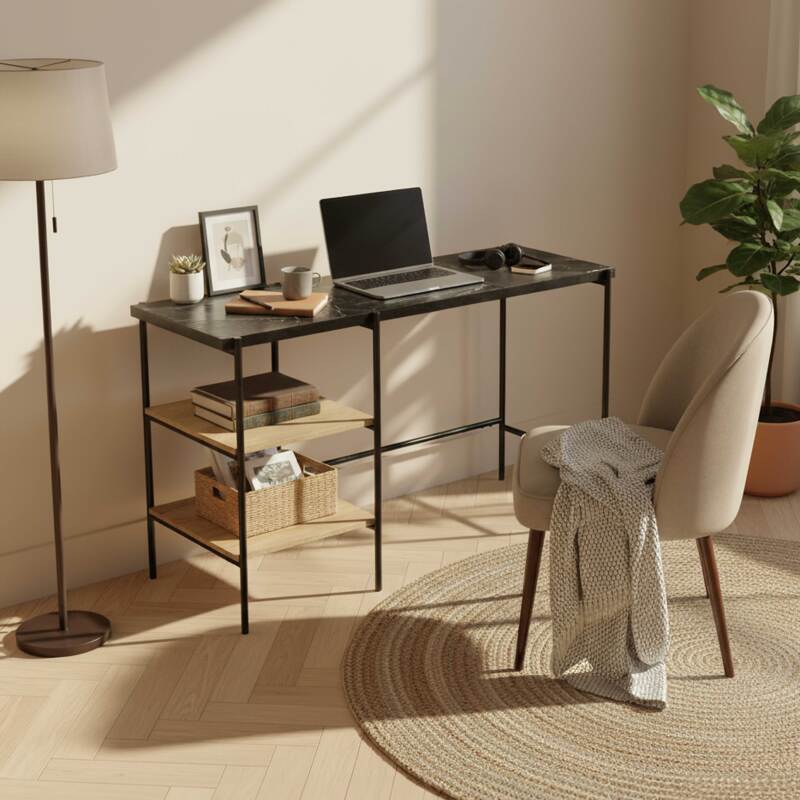 Schreibtisch mit Marmorregalen und Mangoholz