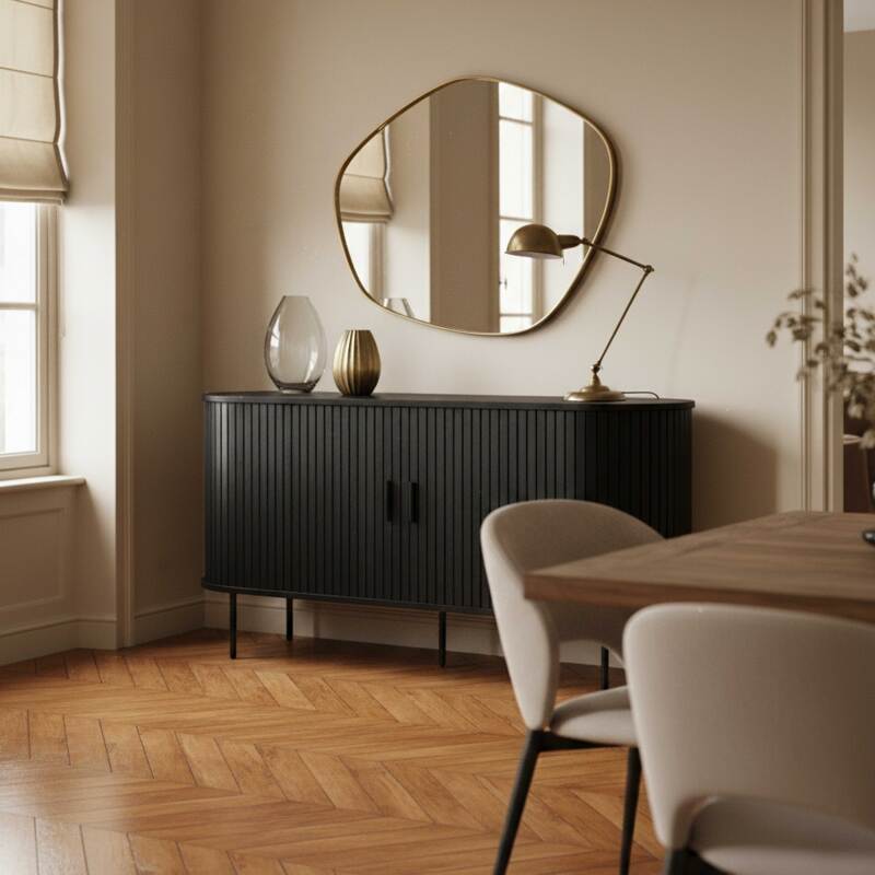 Sideboard in Holzoptik aus Metall, 2 Türen mit Lamellenoptik, 140 cm