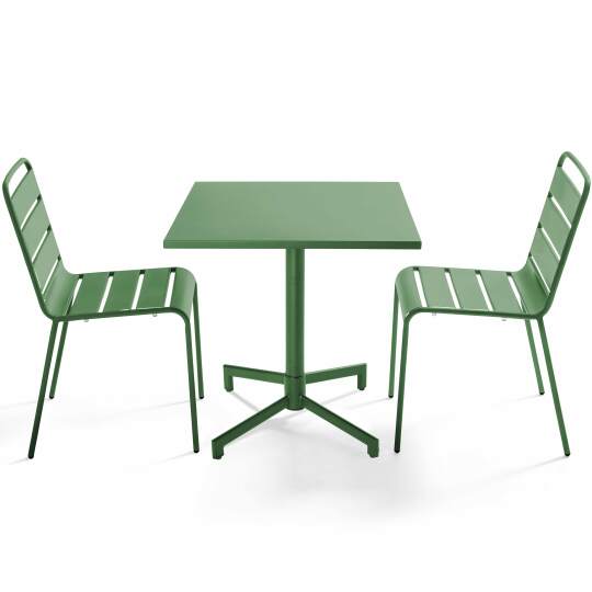 Gartentisch im Bistro-Stil, quadratisch, neigbar, aus Metall mit Einbaufuß, 70x70 cm, und 2 Stühle | Oviala