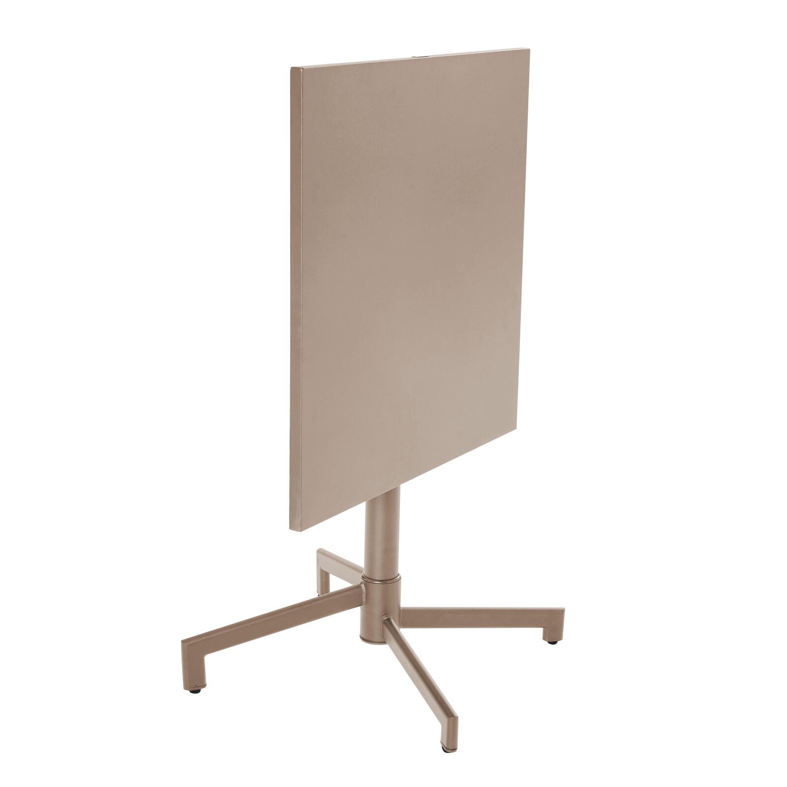 Gartentisch im Bistro-Stil, quadratisch, neigbar, aus Metall mit Einbaufuß, 70x70 cm, und 2 Stühle mit Armlehnen