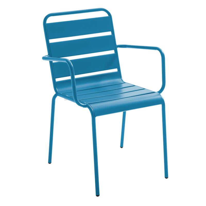 Gartentisch im Bistro-Stil, quadratisch, neigbar, aus Metall mit Einbaufuß, 70x70 cm, und 2 Stühle mit Armlehnen (8/9)