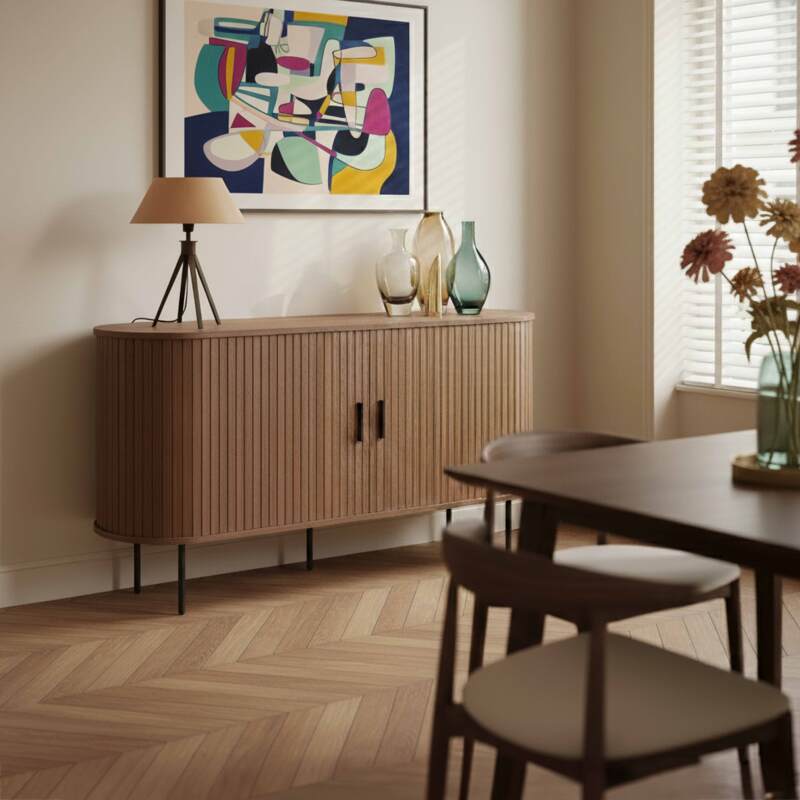 Sideboard in Holzoptik aus Metall, 2 Türen mit Lamellenoptik, 140 cm