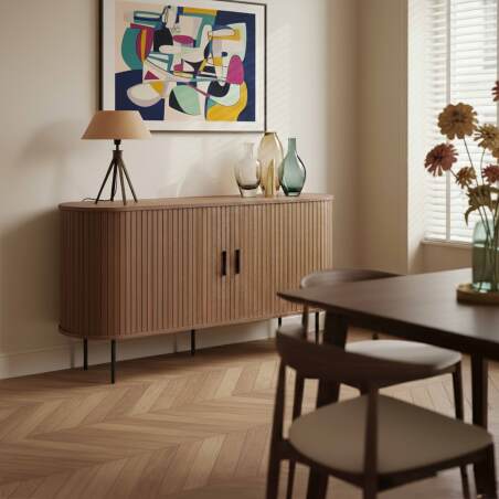 Sideboard in Holzoptik aus Metall, 2 Türen mit Lamellenoptik, 140 cm